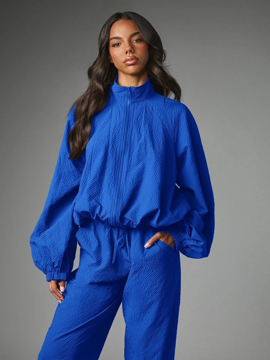 MISSGUIDED Textured Zip-Up Oversized Jacket With Mock Neck Elasticated Hem And Balloon Sleeves Casual Relaxed Fit Outerwear - Blue - View 1