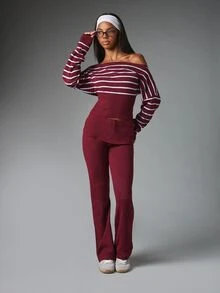 MISSGUIDED Striped Off-Shoulder Cropped Knit Sweater And High Rise Flared Knit Pants Co-Ord Set Autumn Winter Two Pieces Outfit - Multicolor - View 4