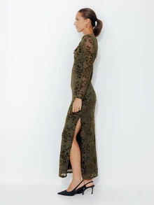 Pimkie Edition Women's Elegant Front Knot Cutout Fashion Flocked Dress - Army Green - View 6