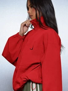 MISSGUIDED Oversized Zip-Up Track Jacket With High Neck Chest Patch Pockets And Elasticated Cuffs Casual Utility Style - Red - View 5