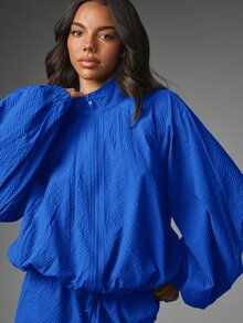 MISSGUIDED Textured Zip-Up Oversized Jacket With Mock Neck Elasticated Hem And Balloon Sleeves Casual Relaxed Fit Outerwear - Blue - View 5