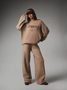 MISSGUIDED Six Oversized Knit Hoodie With Varsity Logo Print Chest Detail Longline Fit Centre Pocket Autumn Winter Essential - Coffee Brown - View 2