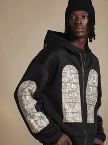 SUMWON Club Oversized Full-Zip Hoodie With Stained Glass Cathedral Window Graphic Print And Script Logo Detail - Black - View 6