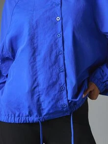 MISSGUIDED Oversized Windbreaker Jacket With Stand Collar Button Front Closure Balloon Sleeves Ruched Drawstring Hem Perfect For Spring Transitional Layering - Blue - View 6