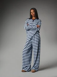 MISSGUIDED Striped Oversized Polo Top And Wide Leg Trouser Co-Ord Set With Collared Neckline And Long Sleeves - Multicolor - View 5