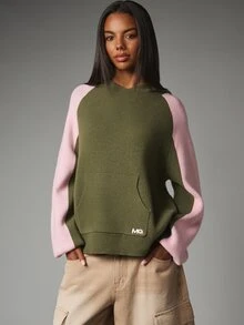 MISSGUIDED Áo len dệt kim oversized phối màu MG với tay raglan màu hồng, túi giữa và logo thêu, món đồ thiết yếu mùa đông - Nhiều màu - Xem 1