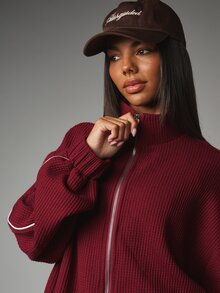 MISSGUIDED Áo khoác len dệt kiểu waffle dáng rộng, khóa kéo toàn thân, cổ cao, tay dài, phối viền tương phản, ấm áp cho mùa thu đông - Màu Đỏ Sâu - Xem 2