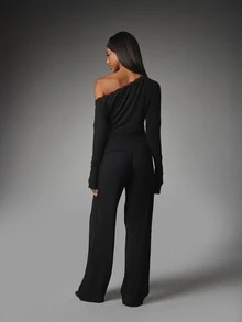 MISSGUIDED Off-Shoulder Long Sleeve Lace Trim Co-Ord Set With Wide Leg Drawstring Pants Elegant Two-Piece Loungewear Outfit - Black - View 4