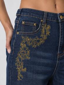 Zerodot Women Dark Wash High Waist Wide Leg Jeans With Gold Baroque Print Casual Daily Spring Fall Wardrobe Staples - Blue - View 5