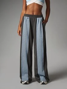 MISSGUIDED Wide Leg Striped Panel Jogger Pants With Elastic Waist And Side Pockets Casual Street Style Relaxed Fit Full Length Trousers - Dark Grey - View 1