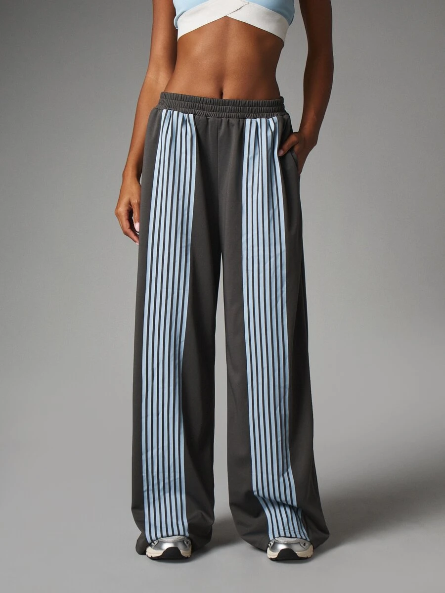 MISSGUIDED Wide Leg Striped Panel Jogger Pants With Elastic Waist And Side Pockets Casual Street Style Relaxed Fit Full Length Trousers - Dark Grey - View 1