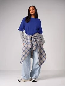 MISSGUIDED Oversized Drop Shoulder Pocket Tee With Layered Long Sleeve Contrast Insert Round Neck Casual Top - Blue - View 5