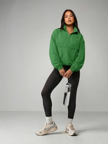 MISSGUIDED Oversized Half Zip Pullover Jacket With Mock Neck Centre Pocket And Elasticated Cuffs Cropped Windbreaker - Green - View 3