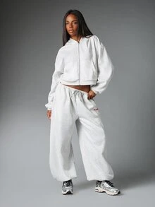 Missguided x Playboy Athleisure Cropped Full-Zip Sweatshirt Oversized Back Logo Print Sweatshirt Casual Loungewear Winter Essential - Grey - View 3
