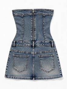 Zerodot Women Denim Bandeau Corseted Buckle With Low Waist Mini Dress Vacation Party Spring Fall Winter - Blue - View 4