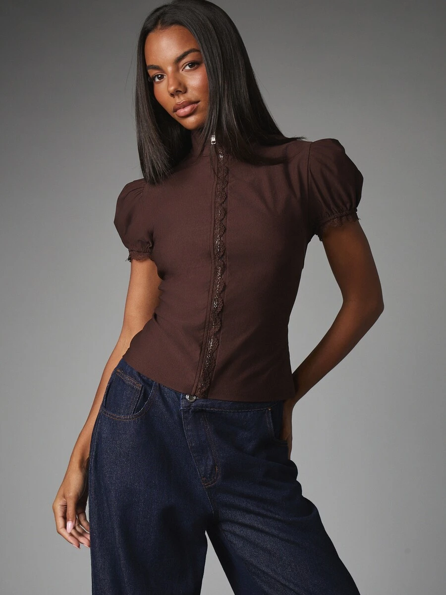 MISSGUIDED Puff Short Sleeve High Neck Zip-Up Blouse With Lace Trim Detail Front Zipper Slim Fit Feminine Top Fall Winter - Chocolate Brown - View 1