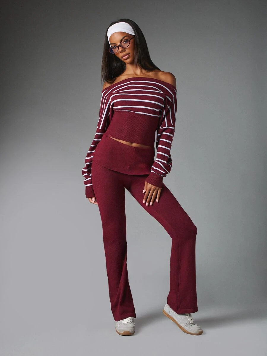 MISSGUIDED Striped Off-Shoulder Cropped Knit Sweater And High Rise Flared Knit Pants Co-Ord Set Autumn Winter Two Pieces Outfit - Multicolor - View 1