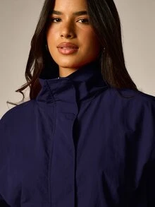 AiiRZ Mock Neck Zip-Up Oversized Cropped Jacket With Balloon Sleeves And Drawstring Hem - Perfect Fall Transitional Outerwear Layer - Navy Blue - View 2