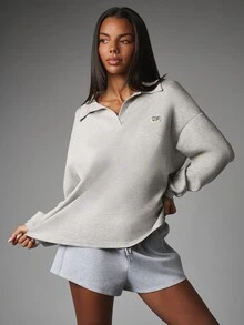 MISSGUIDED Sweatshirt Polo Oversized Sporty dengan Logo Bordir, Lengan Panjang, Atasan Pullover Kasual - Light Grey - View 1