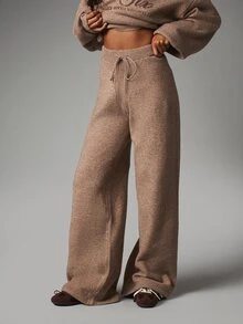 MISSGUIDED Knit Wide Leg Lounge Pants With Drawstring Waist And Ribbed Waistband Cozy Fall Winter Everyday Essential - Brown - View 1