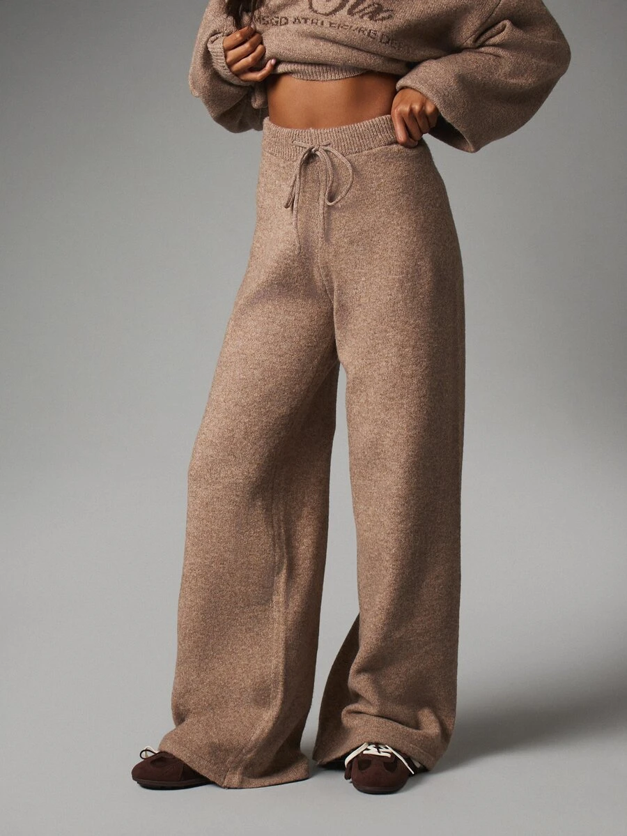 MISSGUIDED Knit Wide Leg Lounge Pants With Drawstring Waist And Ribbed Waistband Cozy Fall Winter Everyday Essential - Brown - View 1