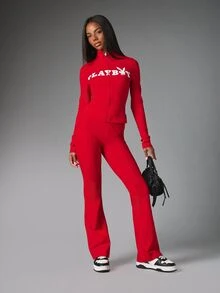 Missguided x Playboy Bunny Logo Full-Zip Crop Top Long Sleeve High Neck Slim Fit Lightweight Zip-Up Jacket With Chest Print - Red - View 4