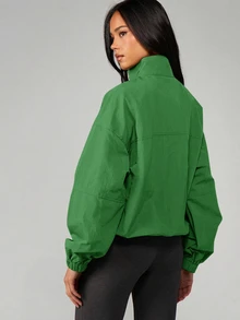 MISSGUIDED Oversized Half Zip Pullover Jacket With Mock Neck Centre Pocket And Elasticated Cuffs Cropped Windbreaker - Green - View 2