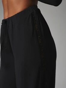 MISSGUIDED Off-Shoulder Long Sleeve Lace Trim Co-Ord Set With Wide Leg Drawstring Pants Elegant Two-Piece Loungewear Outfit - Black - View 3