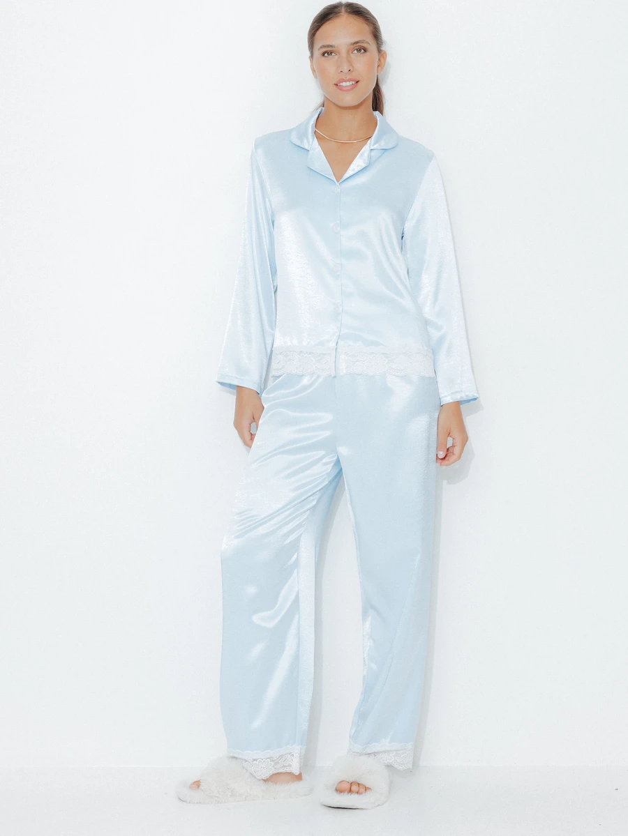 Pimkie Edition Women's Solid Color Long Sleeve Top And Pants Casual Daily Home Sleepwear Set - Baby Blue - View 1