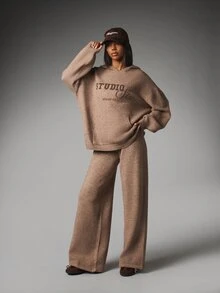 MISSGUIDED Knit Wide Leg Lounge Pants With Drawstring Waist And Ribbed Waistband Cozy Fall Winter Everyday Essential - Brown - View 2