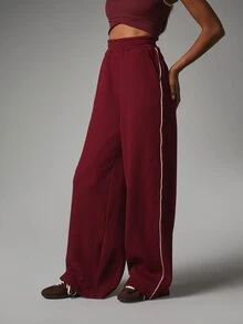 MISSGUIDED Waffle Knit Wide Leg Casual Pants With Contrast Piping Detail High Rise Elastic Waist Full Length Lounge Trousers - Burgundy - View 1