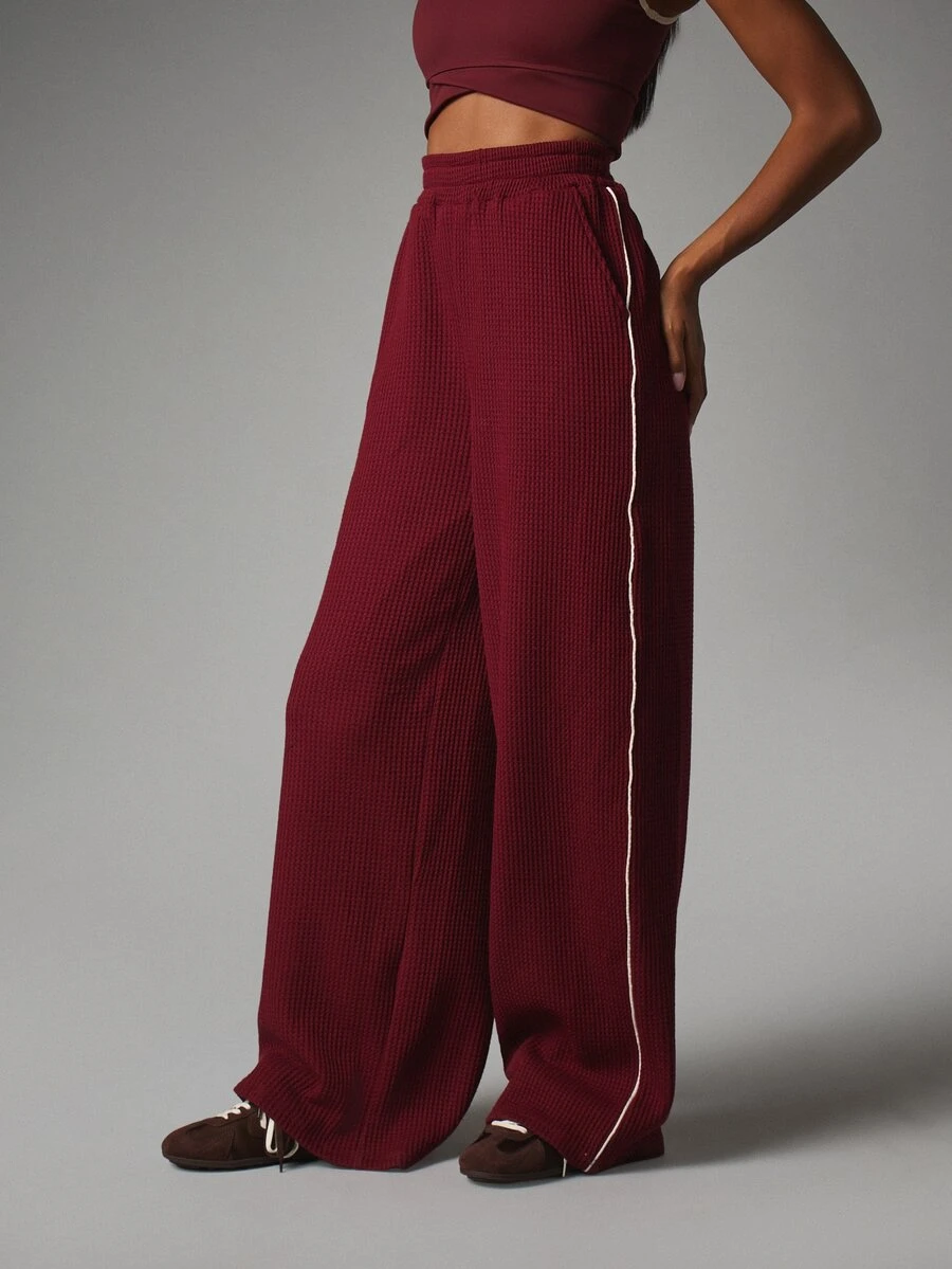 MISSGUIDED Waffle Knit Wide Leg Casual Pants With Contrast Piping Detail High Rise Elastic Waist Full Length Lounge Trousers - Burgundy - View 1