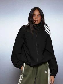 MISSGUIDED Oversized Full Zip Track Jacket With Mock Neck Patch Pockets And Elasticated Cuffs Casual Outerwear - Black - View 4