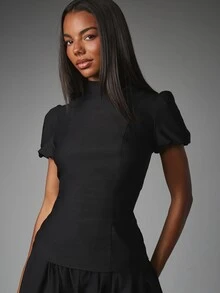 MISSGUIDED Puff Ball Cap Sleeve Top And Bubble Hem Mini Shorts With Elasticated Waist Ruched Balloon Silhouette Summer Festival Party Occasion Casual Everyday - Black - View 5