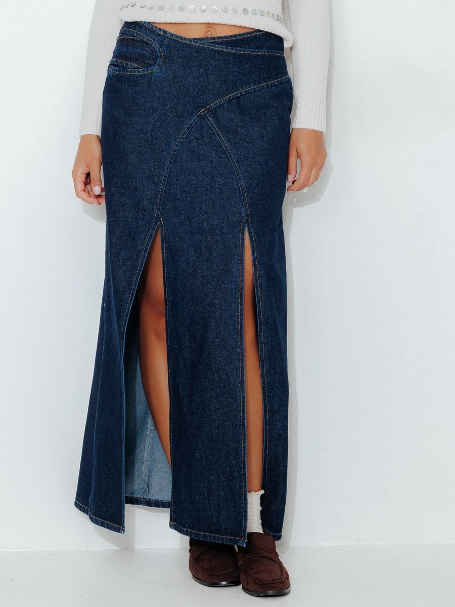 Pimkie Edition 2639DENIMLONGSKIRT Women's Slit Skirt - Dark Wash - View 1