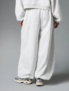 Missguided x Playboy Oversized Bunny Logo Embroidered Wide Leg Sweatpants With Drawstring Waist And Side Pockets Cozy Fleece Jogger Style - Grey - View 2
