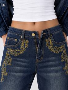 Zerodot Women Dark Wash High Waist Wide Leg Jeans With Gold Baroque Print Casual Daily Spring Fall Wardrobe Staples - Blue - View 4