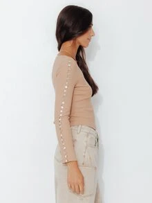 Pimkie Edition Áo kiểu Hàn Quốc nữ dáng ngắn tay dài cài nút cho du lịch - màu nâu - Xem 4