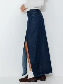 Pimkie Edition 2639DENIMLONGSKIRT Women's Slit Skirt - Dark Wash - View 3
