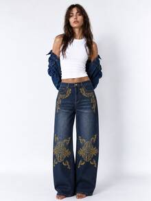 Zerodot Women Dark Wash High Waist Wide Leg Jeans With Gold Baroque Print Casual Daily Spring Fall Wardrobe Staples - Blue - View 1