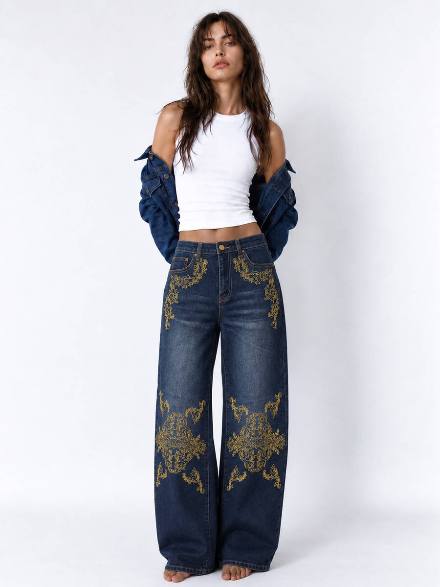 Zerodot Women Dark Wash High Waist Wide Leg Jeans With Gold Baroque Print Casual Daily Spring Fall Wardrobe Staples - Blue - View 1
