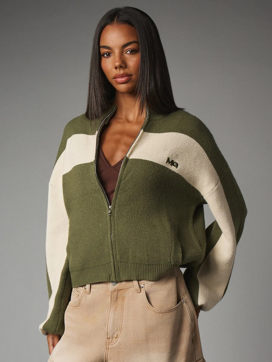 MISSGUIDED Oversized stickad kofta med färgblock, dragkedja, hög hals, ribbad fåll och kort längd, mysig tröjjacka för höst och vinter - Armé Grön - Visa 1
