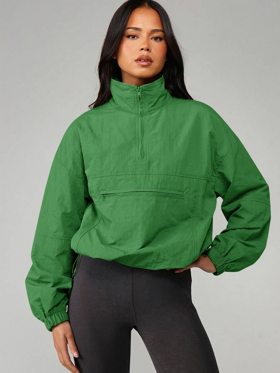 MISSGUIDED Oversized Half Zip Pullover Jacket With Mock Neck Centre Pocket And Elasticated Cuffs Cropped Windbreaker - Green - View 1
