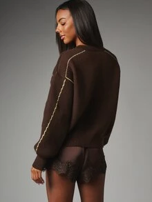 MISSGUIDED Oversized Argyle Diamond Intarsia Crew Neck Sweater Knit Pullover With Contrast Yellow Stitching Detail Perfect For Fall Winter Cozy Seasonal Layering - Coffee Brown - View 3