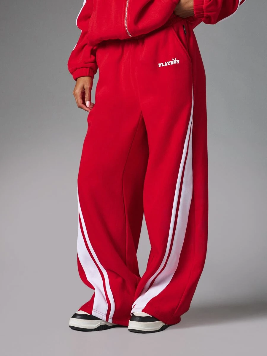 Missguided x Playboy Wide Leg Jogger Pants With Contrast Side Stripe Panel And Logo Print Full Length Elasticated Waist Casual Tracksuit Bottom - Red and White - View 1