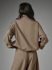 MISSGUIDED Oversized Cropped Windbreaker Jacket With Mock Neck Elasticated Hem And Cuffs Drawstring Waist Casual Parachute Style - Camel - View 2
