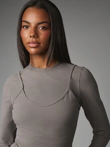 MISSGUIDED Long Sleeve High Neck Bodysuit With Curved Seam Detail Cropped Overlay Smooth Stretch Fabric Flattering Fitted Silhouette - Dark Grey - View 5