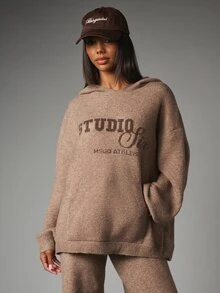 MISSGUIDED Six Oversized Knit Hoodie With Varsity Logo Print Chest Detail Longline Fit Centre Pocket Autumn Winter Essential - Coffee Brown - View 1