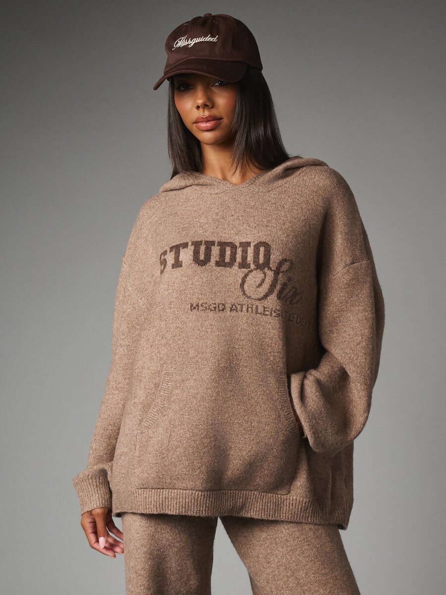 MISSGUIDED Six Oversized Knit Hoodie With Varsity Logo Print Chest Detail Longline Fit Centre Pocket Autumn Winter Essential - Coffee Brown - View 1