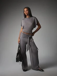 MISSGUIDED Boxy Crop T-Shirt And Wide Leg Tie-Waist Palazzo Pants Co-Ord Set Matching Two Pieces Lounge Outfit - Grey - View 5